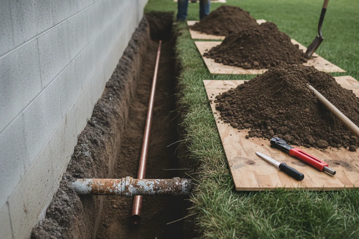 Excavated water line trench during Water Softener Installation in Henderson